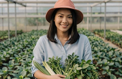 Linh a 32-year-old Vietnamese-American farmer holding fresh herbs in her greenhouse in Texas