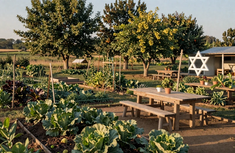 Kibbutz-inspired community farm with organic gardens and communal gathering space