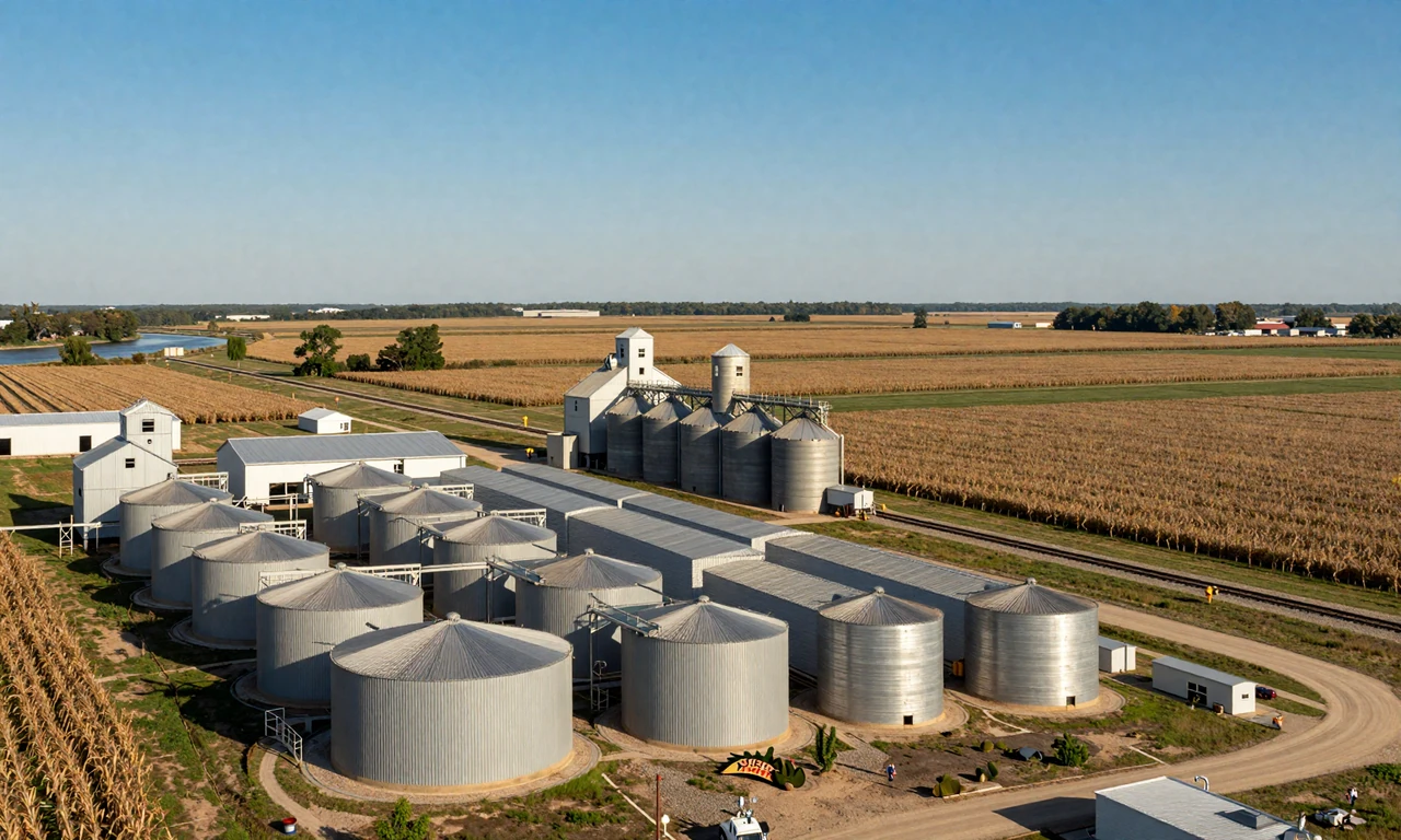 Grand Island Nebraska area with feedlot operation, grain elevators, and irrigated Platte Valley cornfields