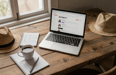 Farmer creating a dating profile on a laptop at a rustic wooden desk with coffee and straw hat