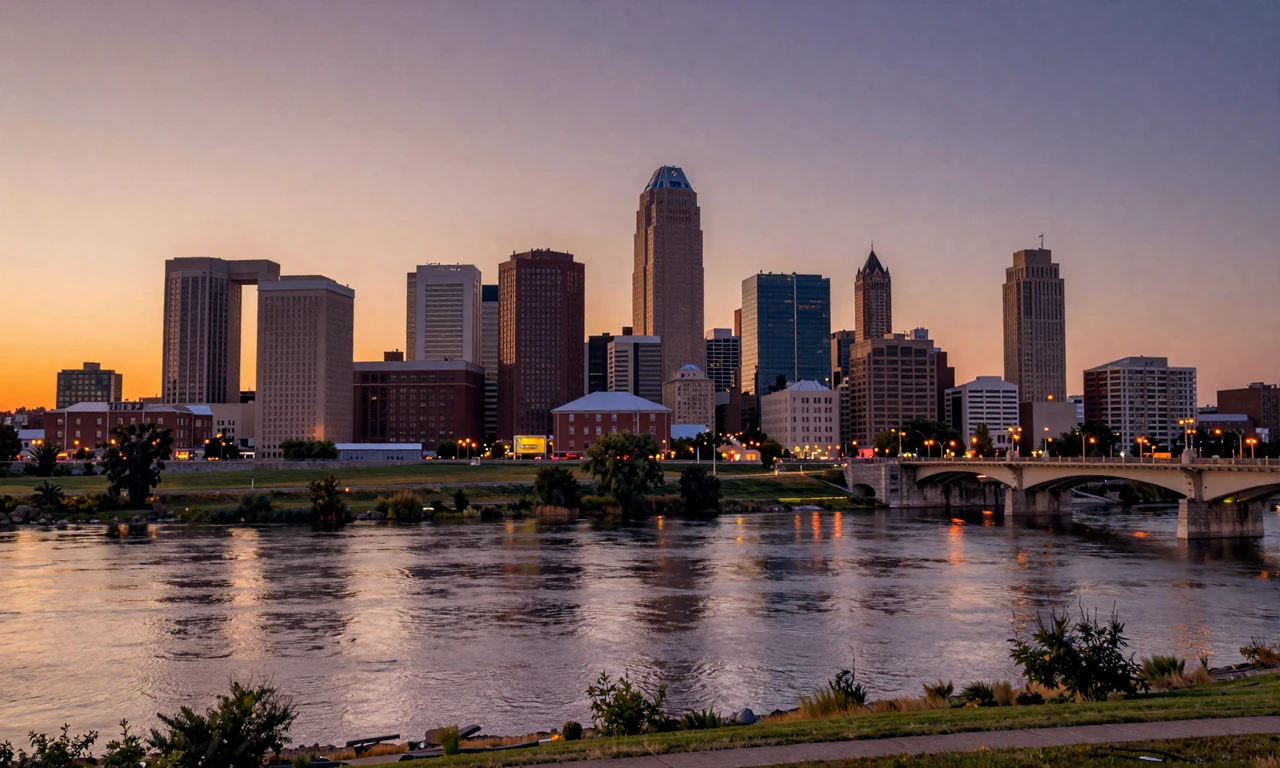 Omaha Nebraska skyline at dusk with the Missouri River and surrounding farmland on the outskirts