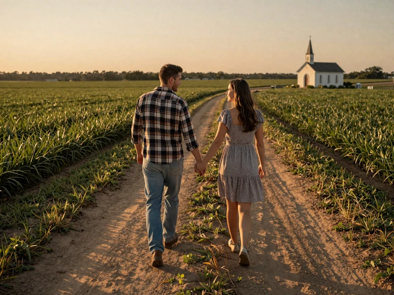 Christian farm couple walking hand in hand between crop fields with church steeple in the distance at sunset