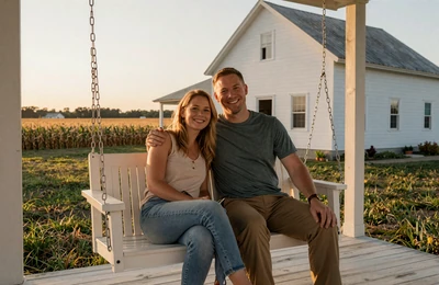 Farm couple on a white Midwestern farmhouse porch swing at sunset with cornfields in the background