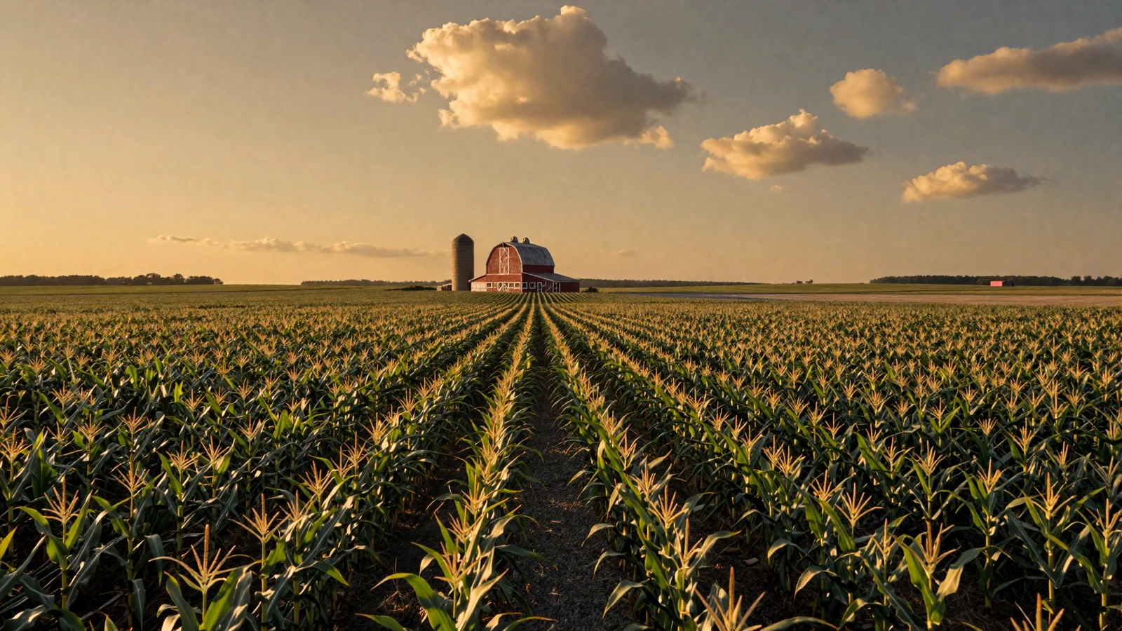 Indiana Corn Belt farmland at golden hour with red barn and cornfields stretching across the Hoosier State