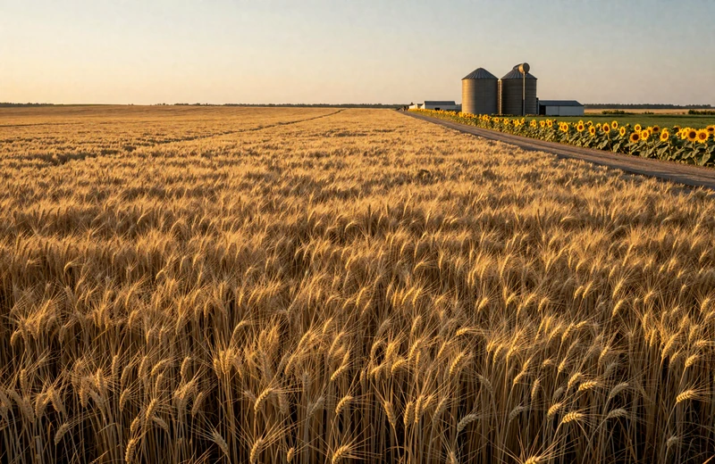 Golden Kansas wheat field at harvest time with grain silo on the Great Plains