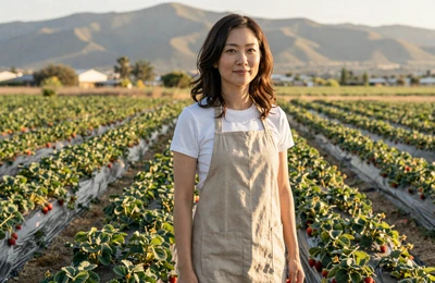Yuki a 40-year-old Japanese-American farmer beside strawberry rows on her California farm