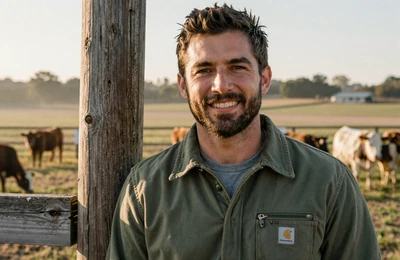 Farmer named Jake standing by fence with cattle ranch in background showing an effective dating profile photo