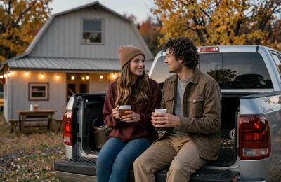 A couple sitting on a pickup truck tailgate near a barn with string lights on an autumn evening