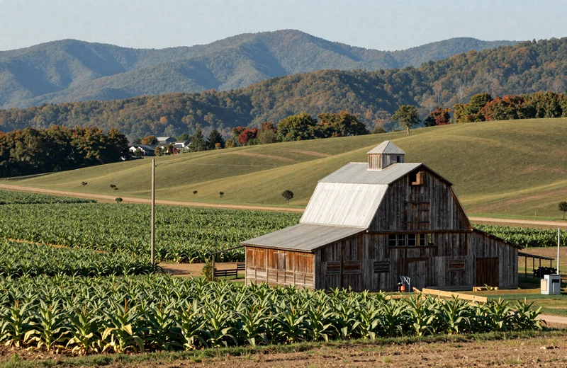 North Carolina Piedmont farmland with historic tobacco barn and Appalachian foothills