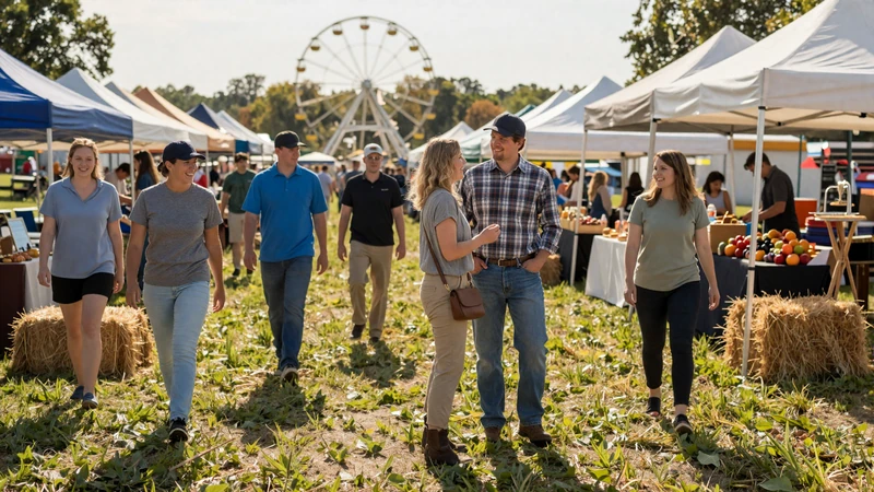 County fair scene with farmers mingling near agricultural exhibits in the rural Midwest on a sunny afternoon