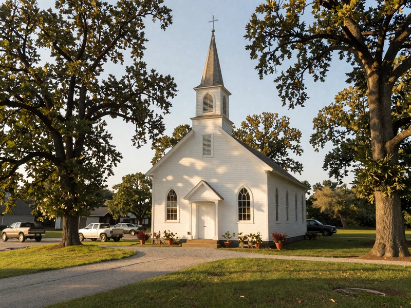 White wooden country church surrounded by oak trees in rural Indiana heartland