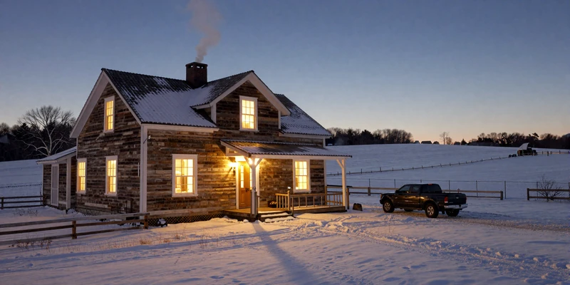 Cozy farmhouse on a winter evening with warm light glowing through windows and snow-covered fields