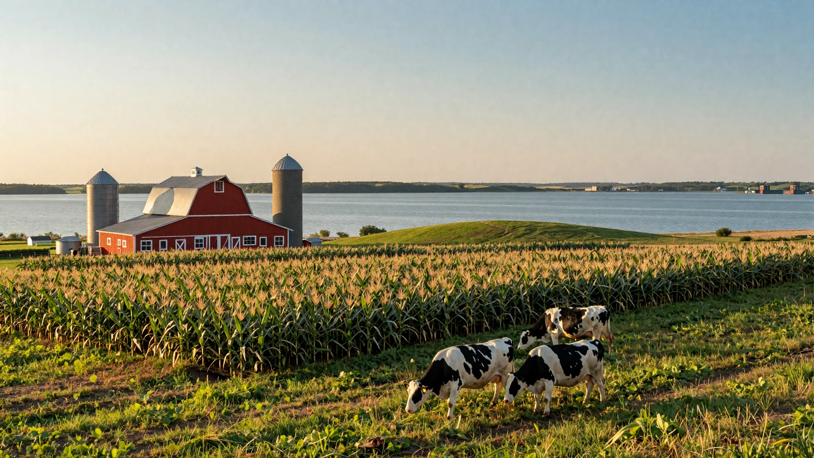 Minnesota dairy farmland at golden hour with cornfields stretching toward a serene blue lake and a classic red barn with silver silos