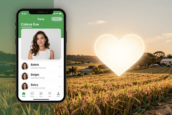 Comparison illustration showing a dating app interface beside a scenic rural farm landscape connected by a heart icon