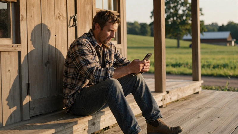 Farmer on farmhouse porch checking a dating app on his phone during golden hour in rural America