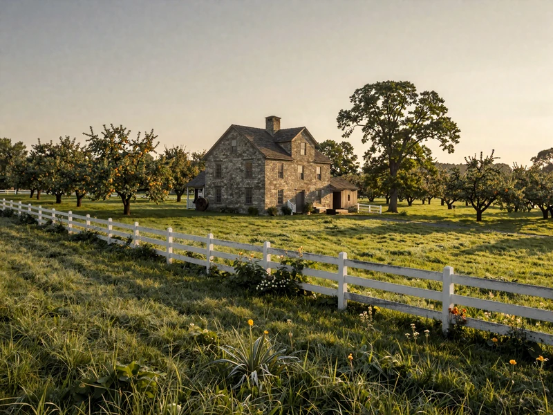 Historic stone farmhouse surrounded by orchards and green pastures in rural New Jersey countryside at early morning light