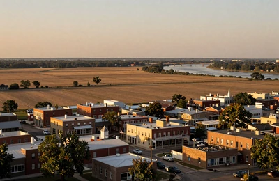Memphis Tennessee area with flat fertile Delta farmland stretching to the Mississippi River at golden hour