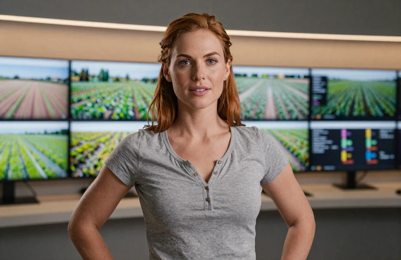 Rachel a 35-year-old precision agriculture consultant reviewing crop data on monitors in a modern ag-tech office