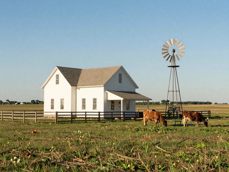 Kansas family ranch with white farmhouse and Angus cattle grazing on Flint Hills prairie grassland under blue sky