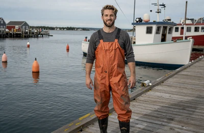 Travis, 37, Maine lobsterman from Stonington standing on a dock with lobster buoys and harbor behind him on Yougotmatched