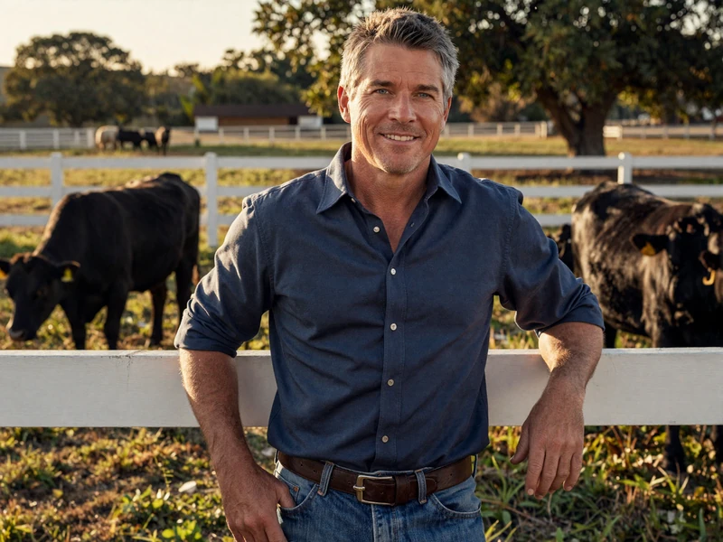 Successful rancher standing by white fence on his premium cattle ranch at golden hour