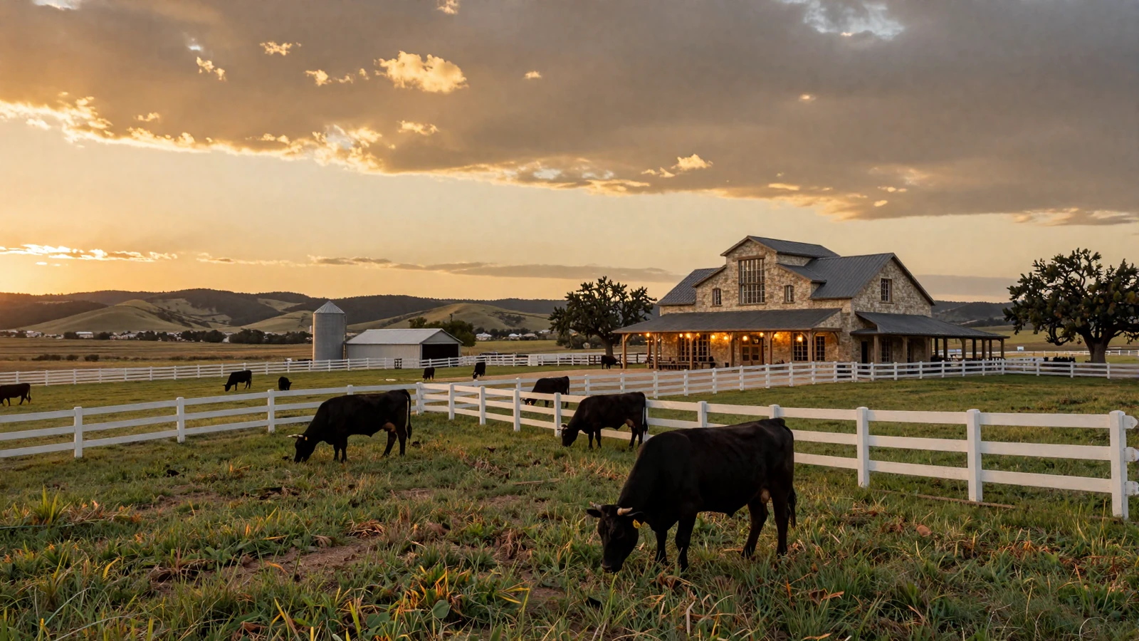 Luxury ranch estate with white fences and premium cattle grazing at golden hour sunset