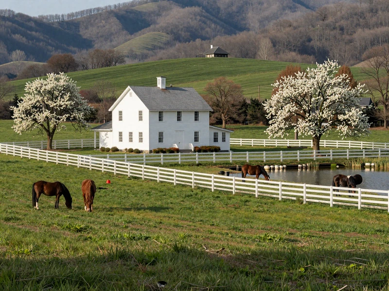 Scenic North Carolina farm with a white farmhouse, green pastures, white fences, and horses grazing near dogwood trees in the Piedmont