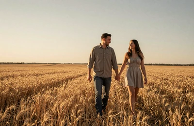 A couple walking through a golden wheat field at sunset on a Midwest farm holding hands