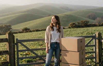 Woman with moving boxes at a farm gate looking over misty rolling hills, representing moving to the farm for love
