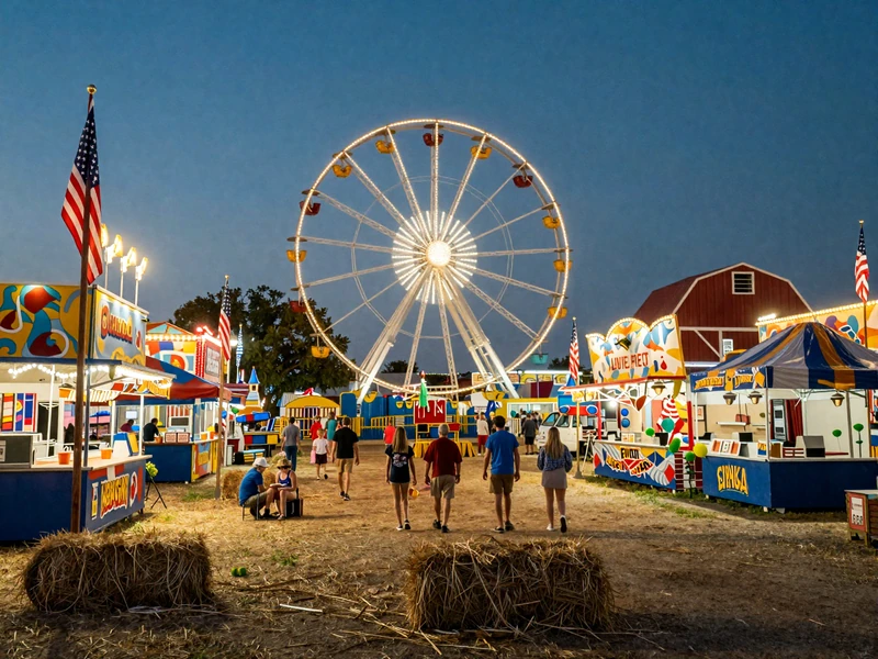 Vibrant American county fair at dusk with carnival lights and Ferris wheel and couples walking between food stands