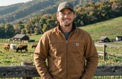 Garrett, 37, North Carolina cattle rancher from Appalachian foothills leaning on a fence with mountain pastures behind him on Yougotmatched