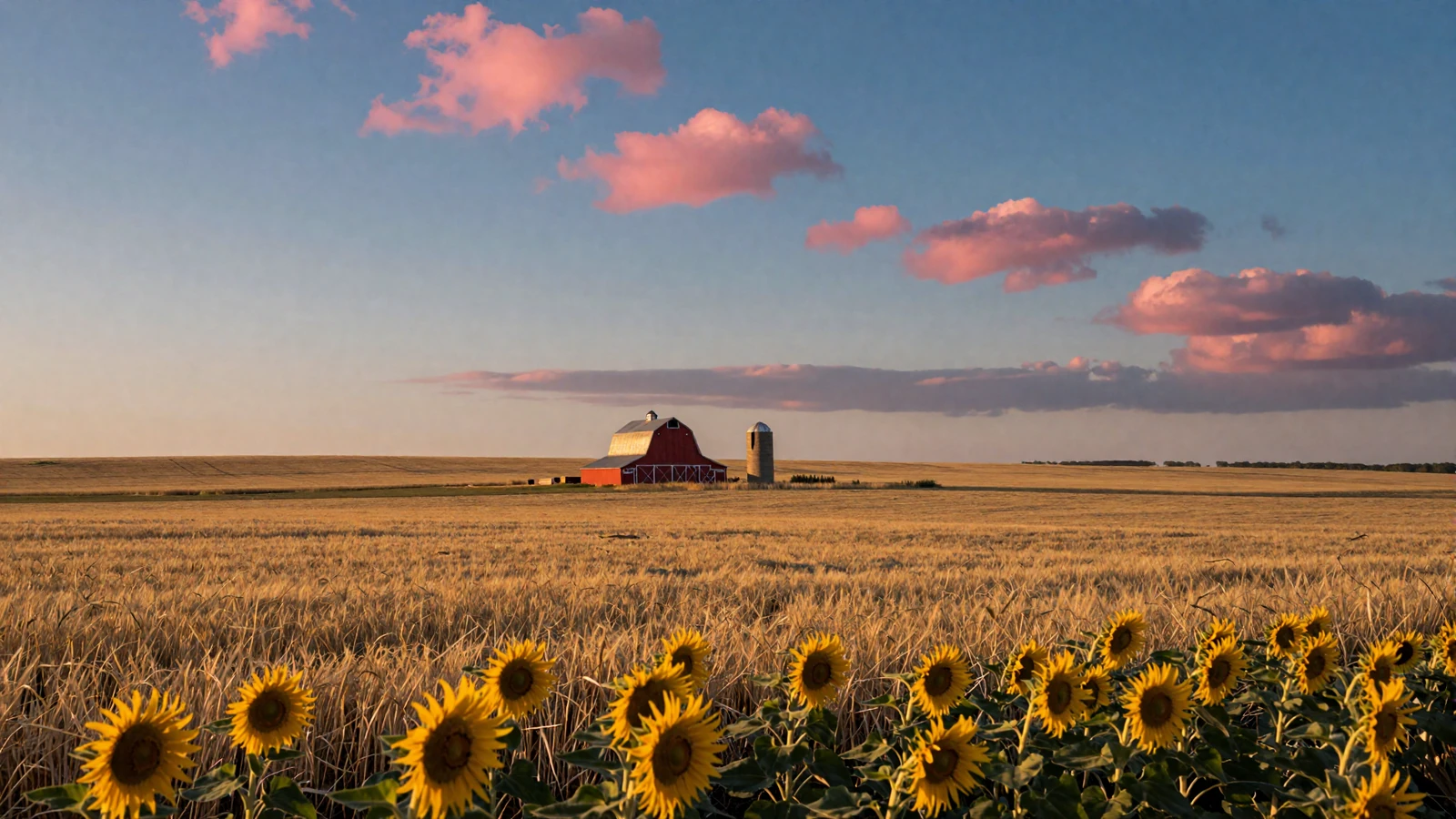 Kansas golden wheat fields stretching across endless prairies at sunset with a red barn and grain silo under wide open skies