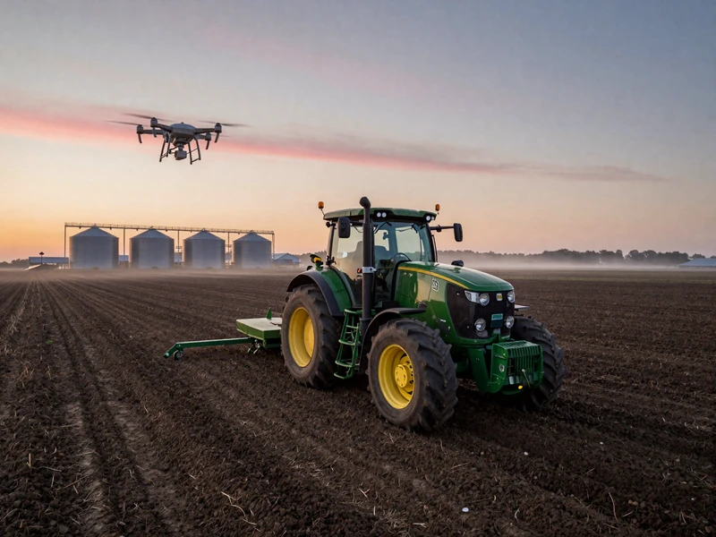 Modern precision agriculture operation with GPS-guided tractor on a large Midwestern farm at dawn