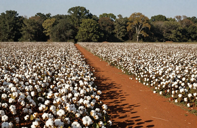 Alabama cotton field ready for harvest with red clay road in Deep South farmland