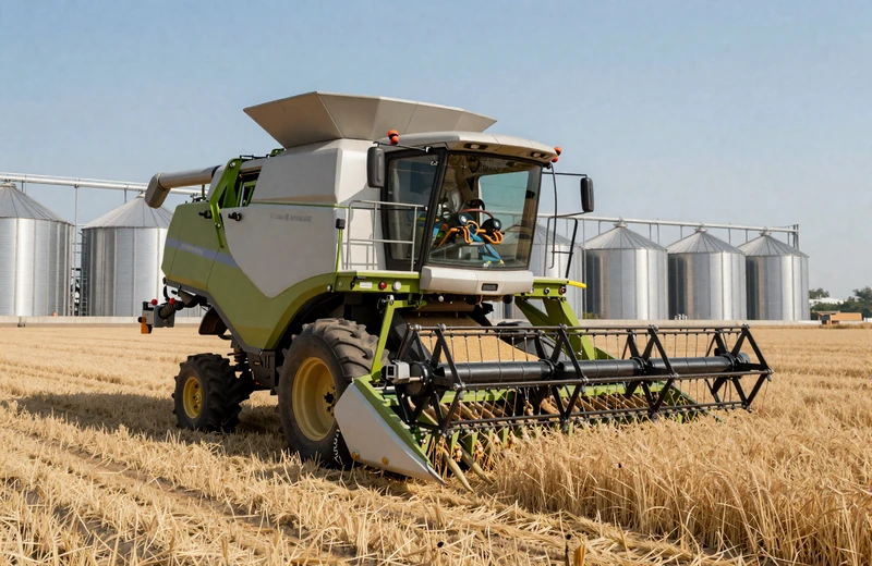 Modern industrial farming operation with combine harvester and grain storage bins