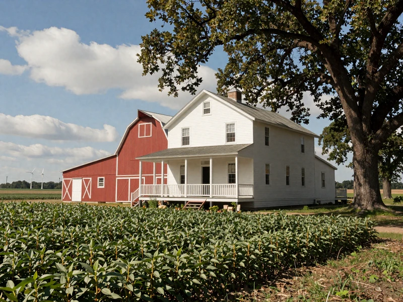Classic Iowa farmstead with white farmhouse and red barn surrounded by soybean fields in the Corn Belt heartland