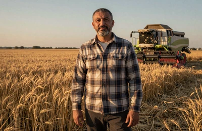 Yusuf a 45-year-old Arab American wheat farmer standing in a golden field at sunset in Kansas