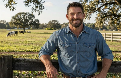 Cody, 43, Florida cattle rancher from Okeechobee standing by a ranch fence on Yougotmatched