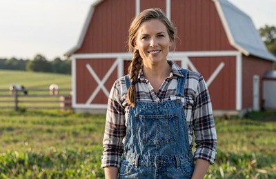 Katrin a 38-year-old German-heritage dairy farmer from Wisconsin smiling beside her red barn