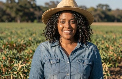 Tamara, 35, Alabama peanut farmer from Dothan smiling in her green peanut field on Yougotmatched