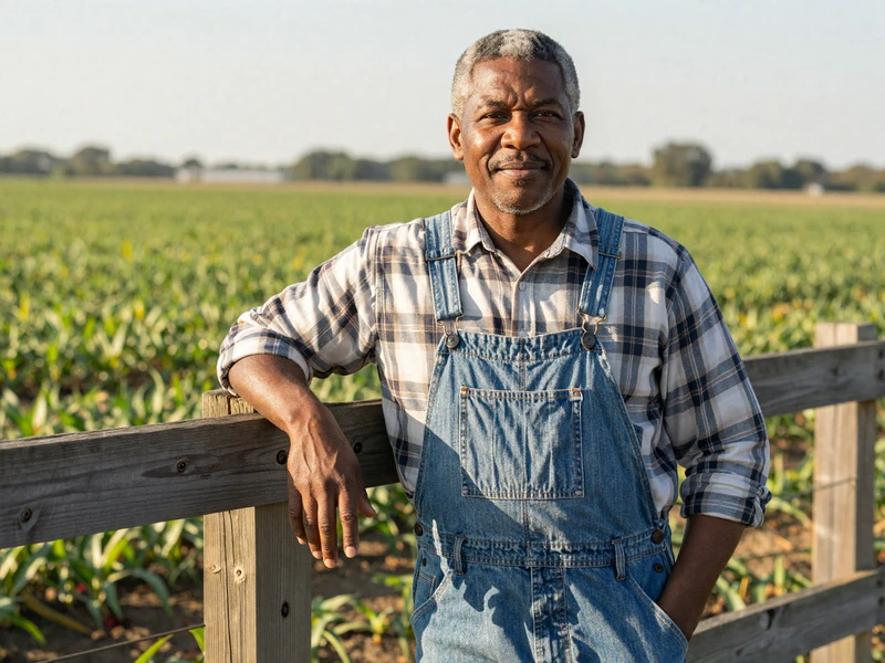 Proud Black American farmer standing beside his green crop fields in the morning sunlight