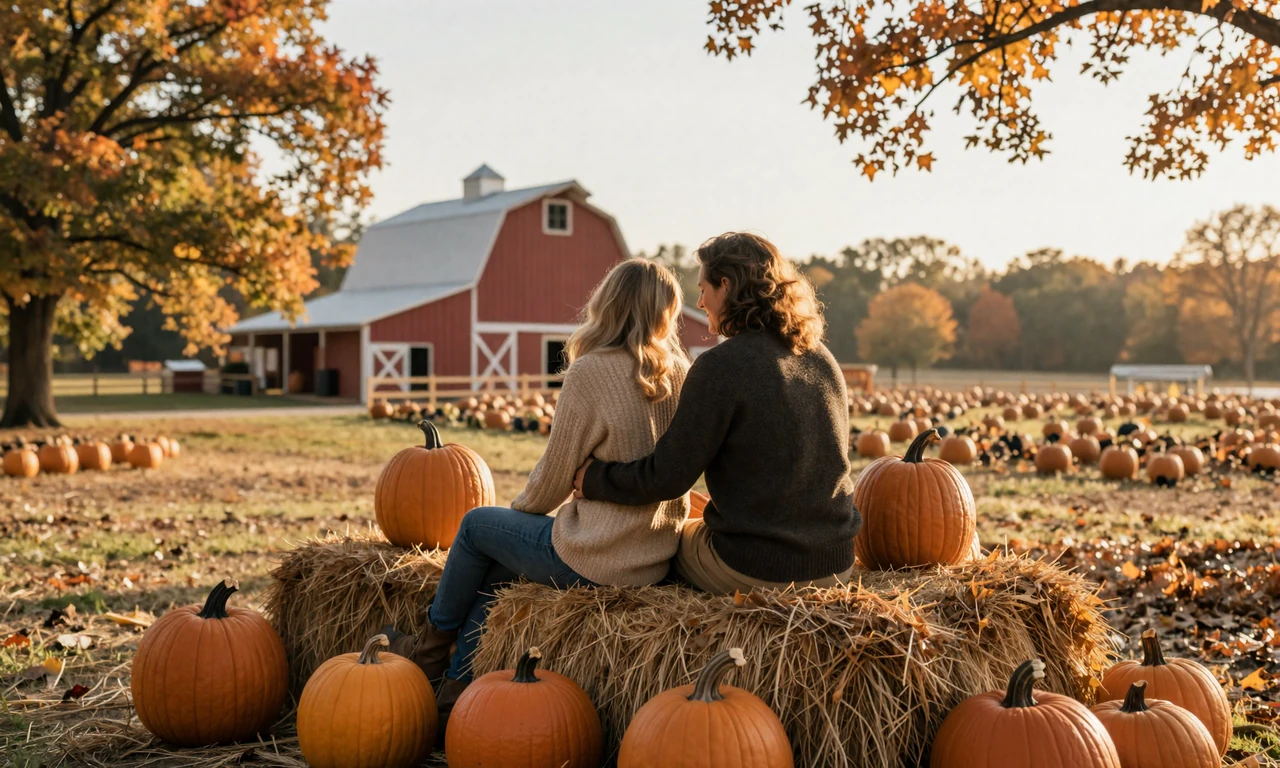 Couple sitting on hay bales at a rural Arkansas pumpkin patch with autumn leaves and a red barn behind them