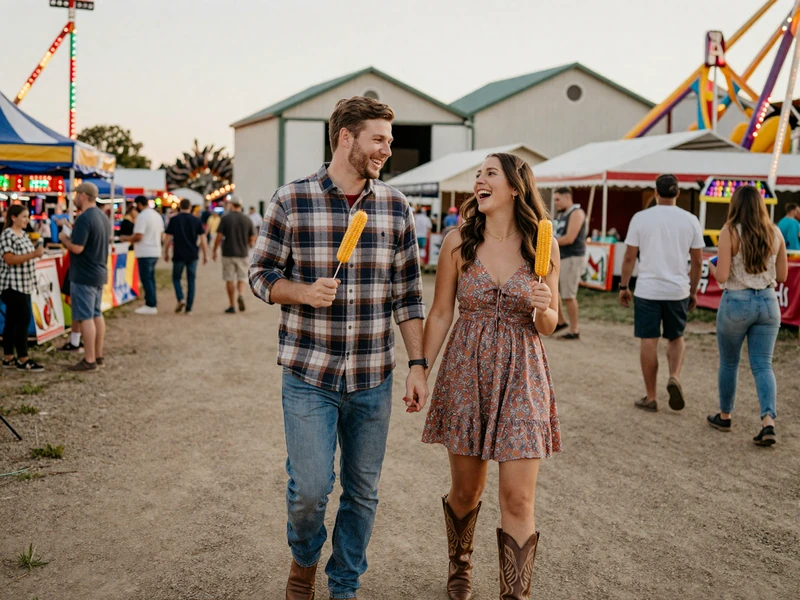 Happy couple enjoying the Iowa State Fair together with carnival rides and livestock barns in the background