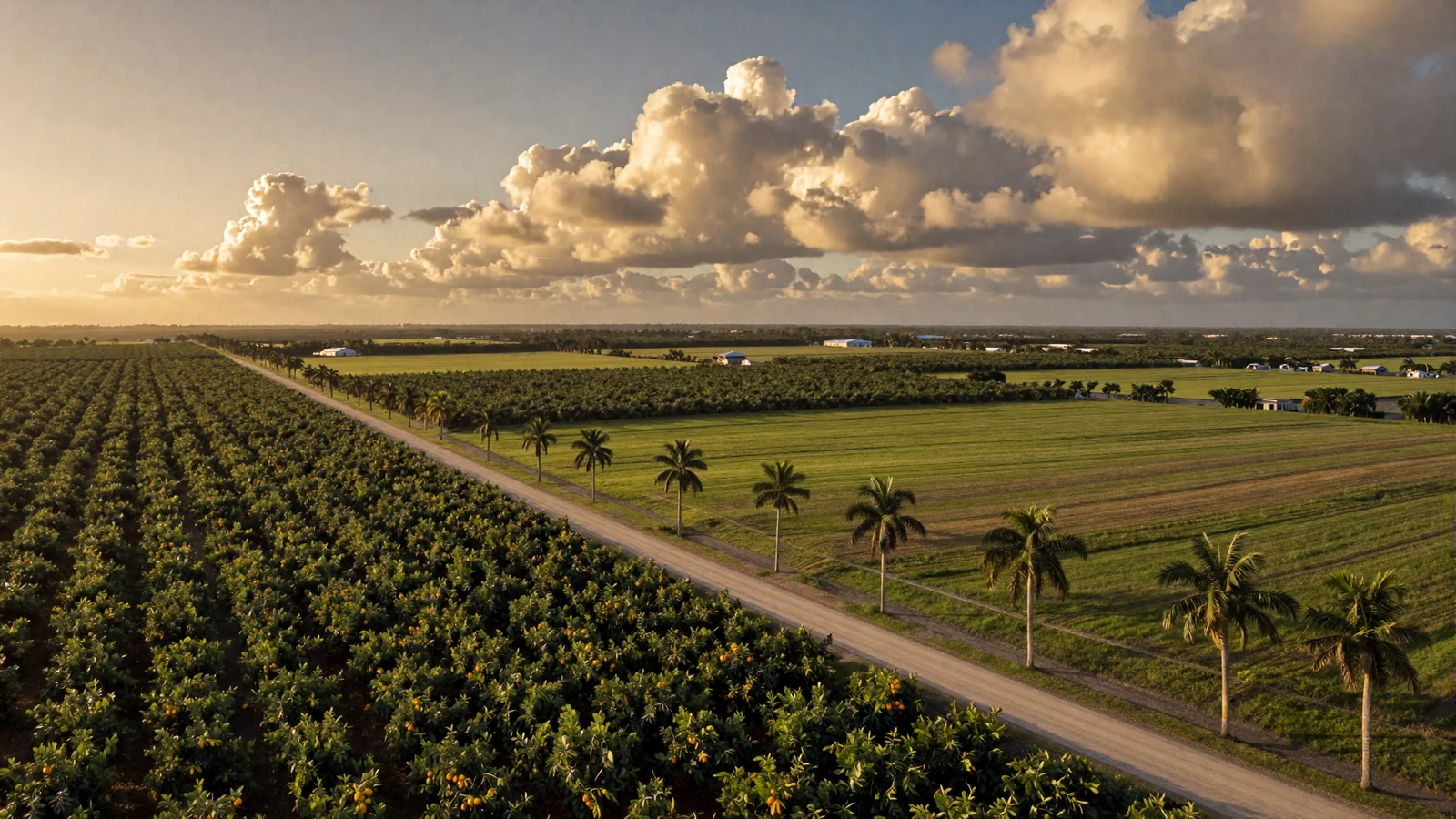 Florida citrus groves and cattle pastures stretching to the horizon under a golden sunset sky with palm trees along a dirt road