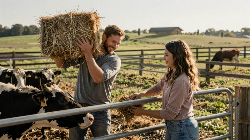 Farming couple working together feeding cattle on an American farm at sunrise with green pastures and wooden fences