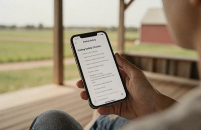 Person reviewing online dating safety tips on smartphone on a farmhouse porch