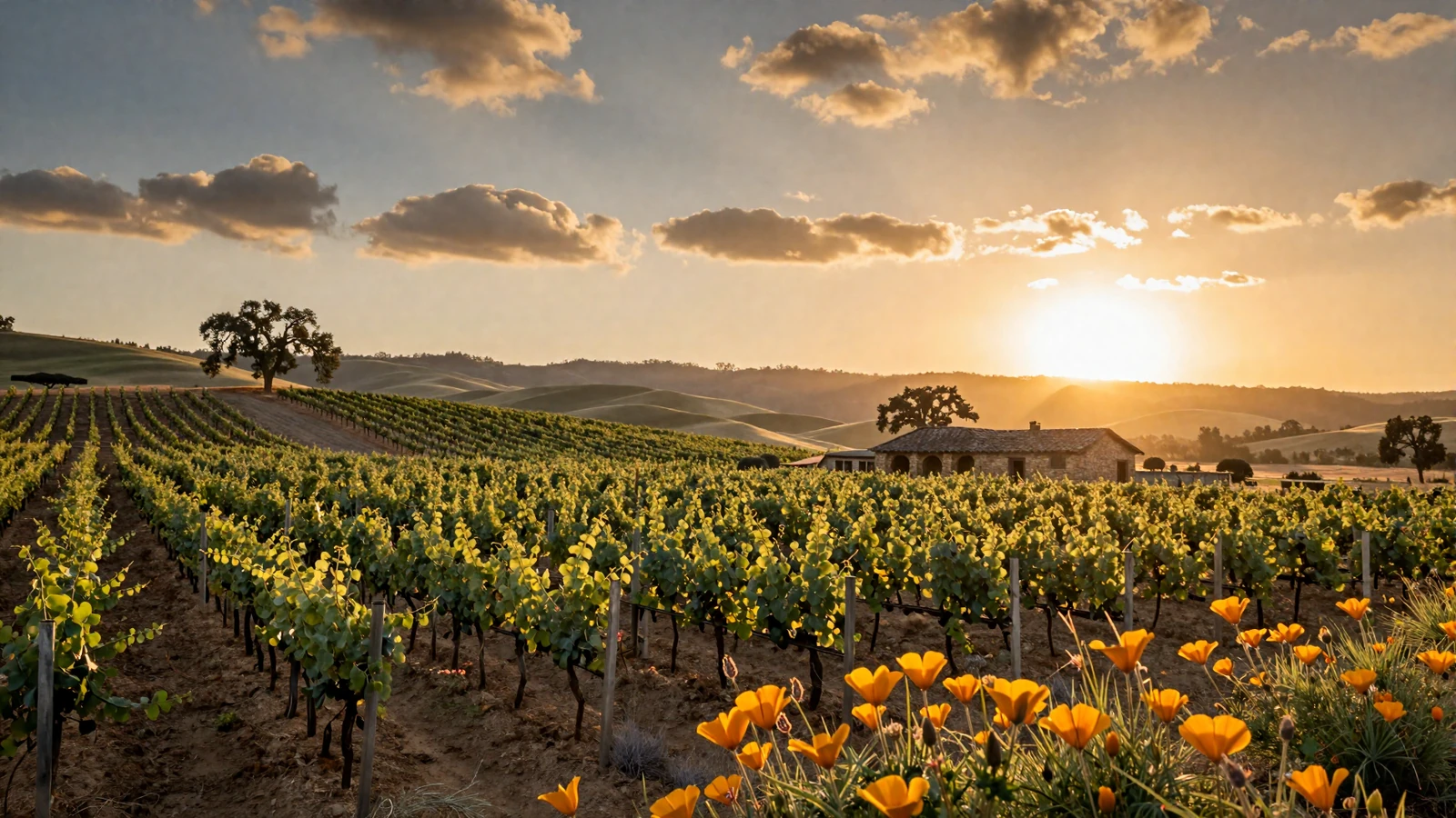 California vineyard rows at golden hour sunset in Napa Valley with rolling green hills and distant mountains