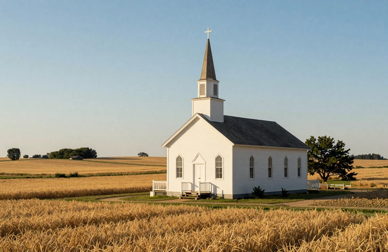 White country church beside golden wheat field representing Christian farming community
