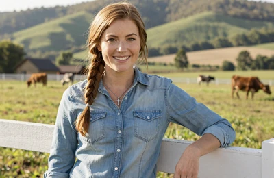 Sarah, 32, Arkansas cattle rancher from the Ozarks smiling on her family ranch on Yougotmatched