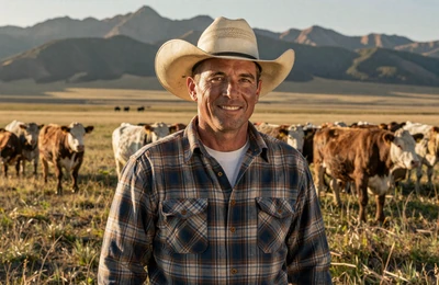 Garrett, 44, Montana cattle rancher from Miles City smiling in front of his Angus herd on open grassland on Yougotmatched